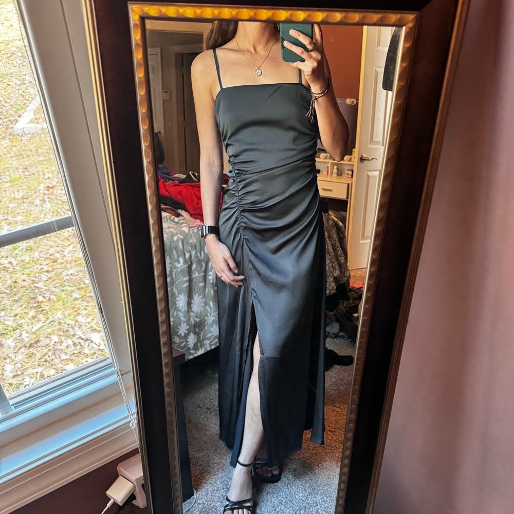 VICI Satin Maxi Dress XS | Ruched Side Slit Formal Gown